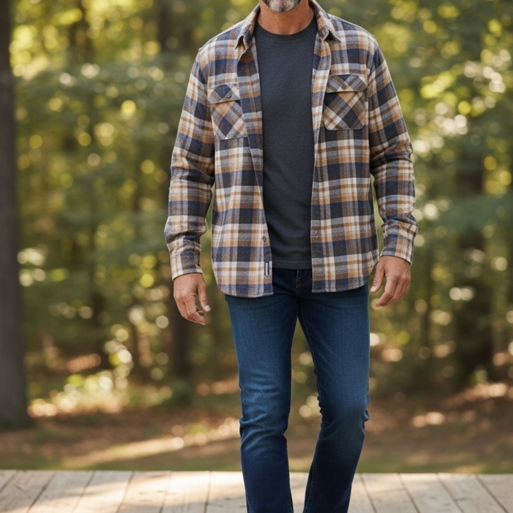 Royal Robbins Plaid Button-Down Shirt in Navy, Brown & Cream